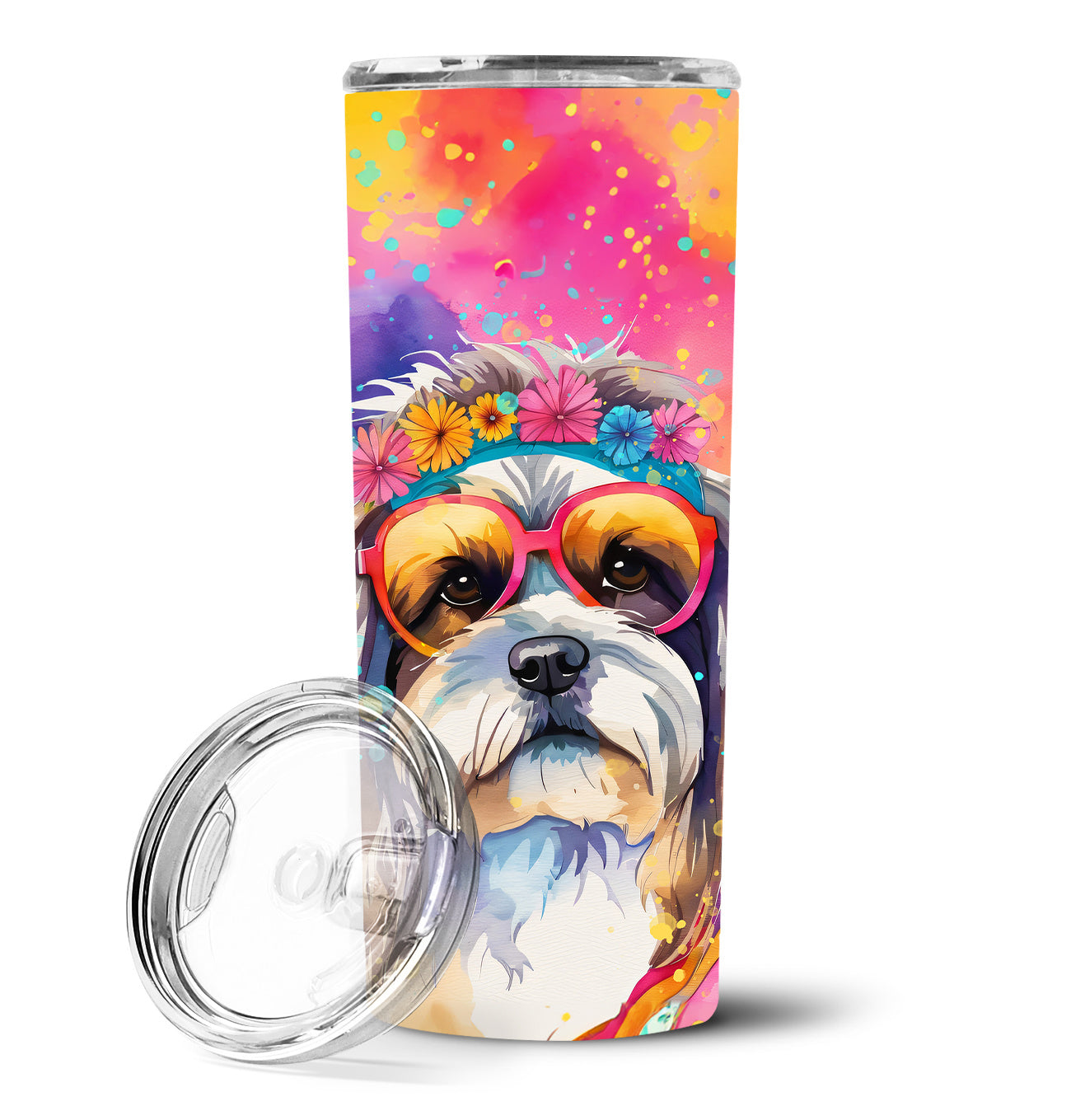 Shih Tzu Hippie Dawg Stainless Steel Skinny Tumbler Vacuum Double Walled Reusable Insulated Tumbler Travel Cup for Coffee Cocktails Gift with Lid, 20 oz - Renee Lane Company