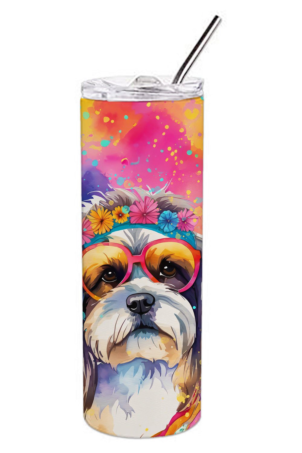 Shih Tzu Hippie Dawg Stainless Steel Skinny Tumbler Vacuum Double Walled Reusable Insulated Tumbler Travel Cup for Coffee Cocktails Gift with Lid, 20 oz - Renee Lane Company