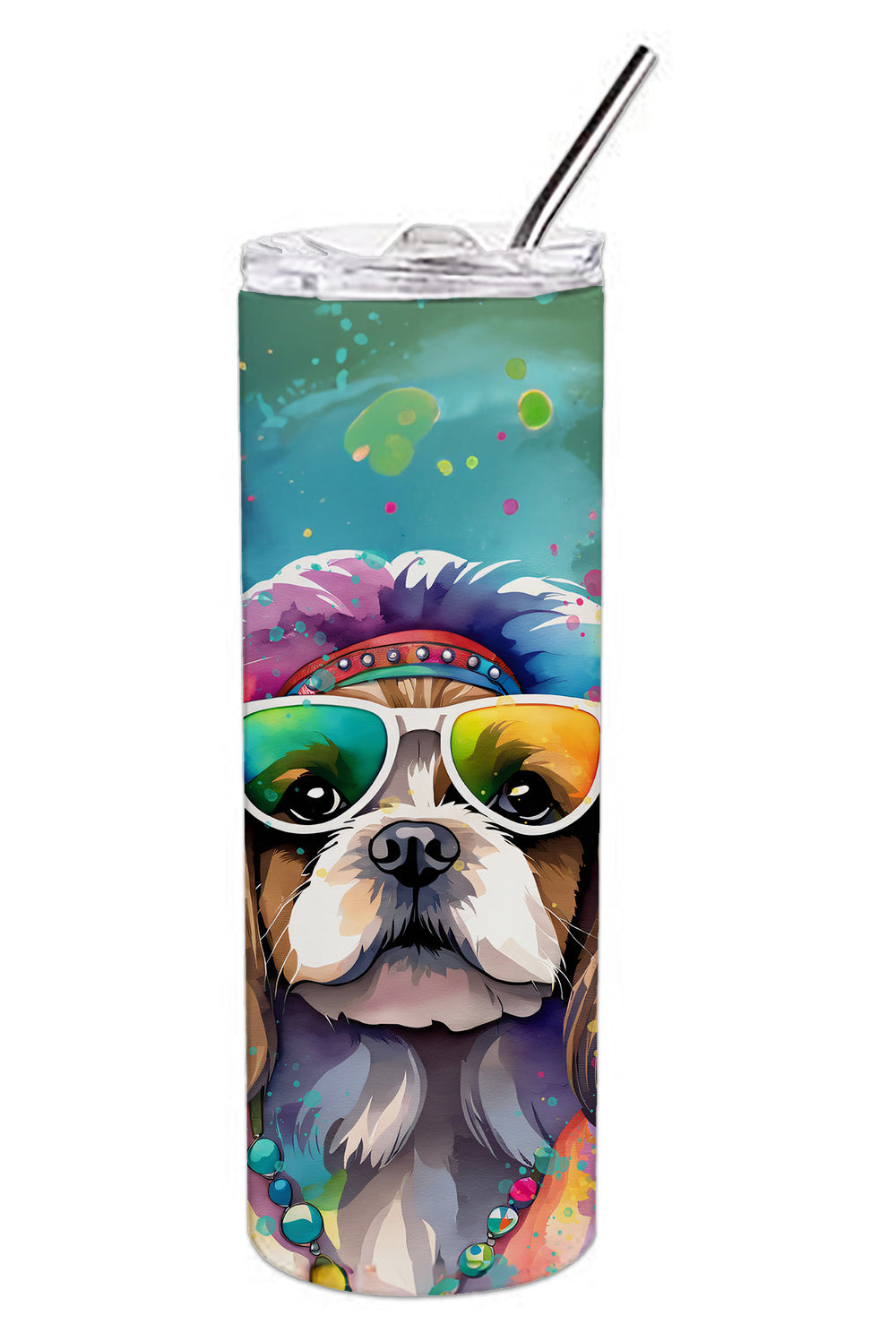 Shih Tzu Hippie Dawg Stainless Steel Skinny Tumbler Vacuum Double Walled Reusable Insulated Tumbler Travel Cup for Coffee Cocktails Gift with Lid, 20 oz - Renee Lane Company