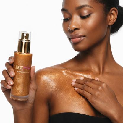 Shimmering body oil on skin with small bottle, bronzed sparkly glow