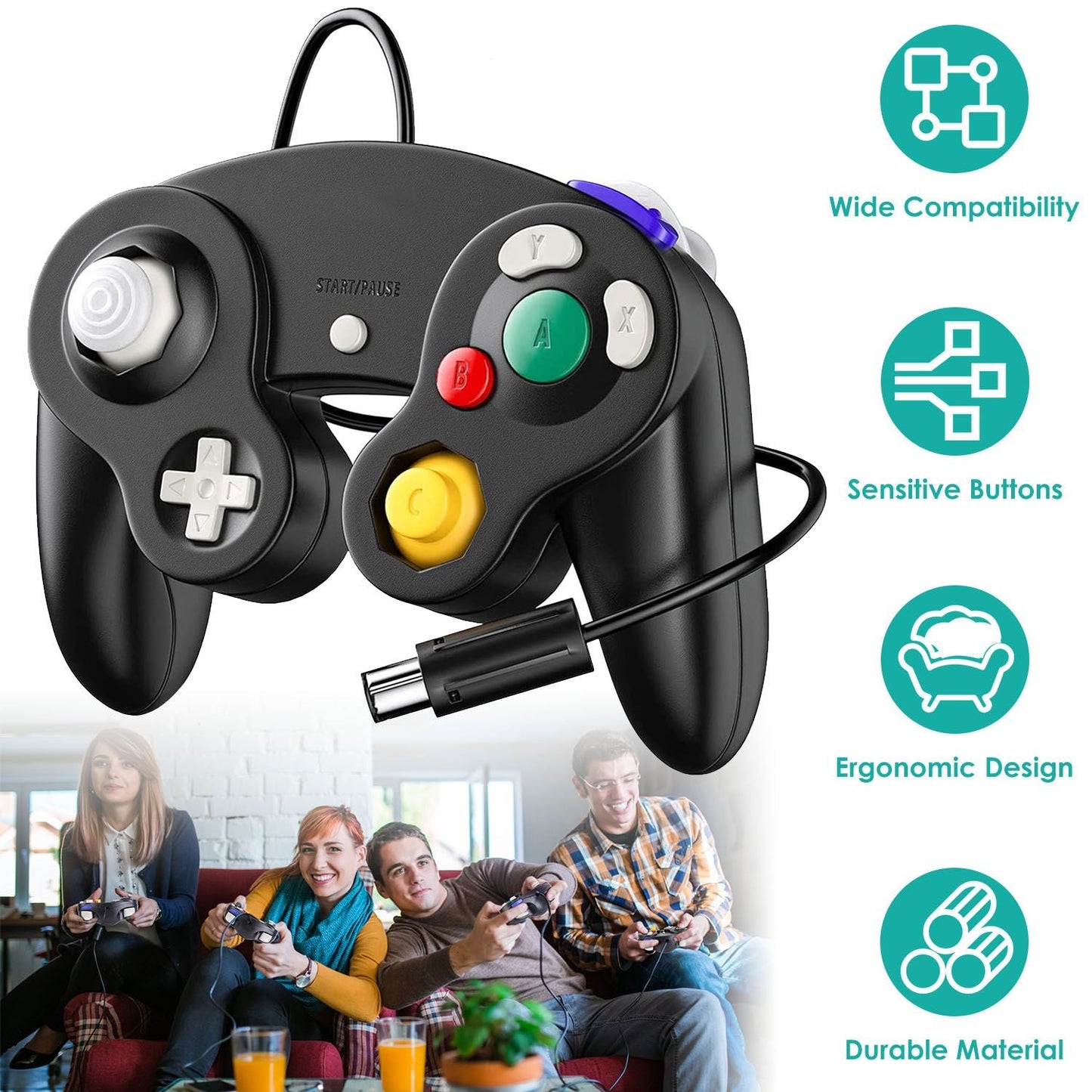 Shock Wired Game Controller Gamepad Compatible with Nintendo Wii Gamecube - Renee Lane Company