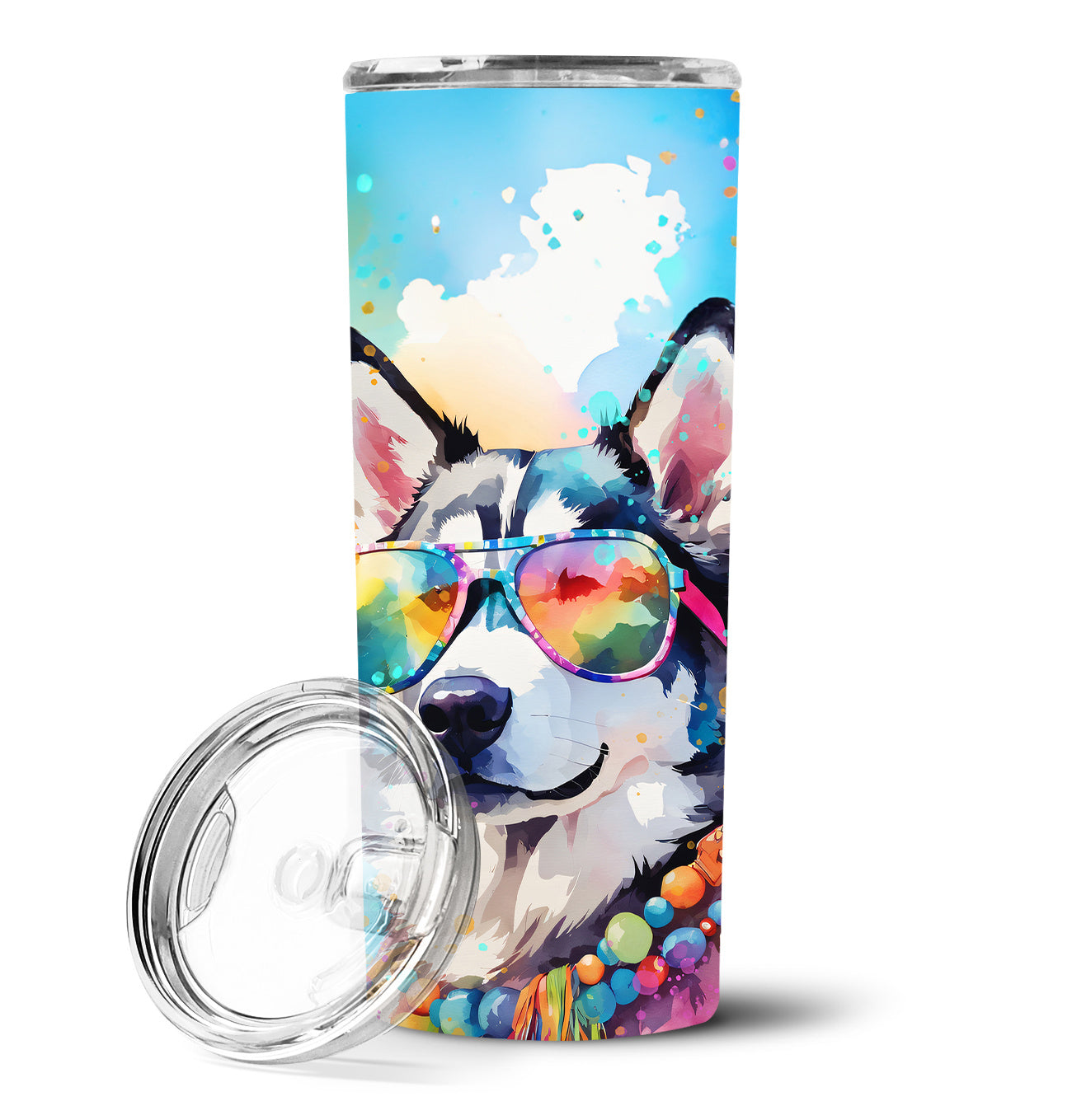 Siberian Husky Hippie Dawg Stainless Steel Skinny Tumbler Vacuum Double Walled Reusable Insulated Tumbler Travel Cup for Coffee Cocktails Gift with Lid, 20 oz - Renee Lane Company