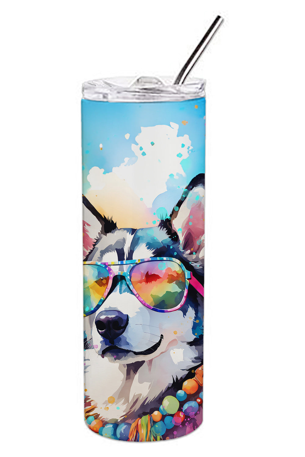 Siberian Husky Hippie Dawg Stainless Steel Skinny Tumbler Vacuum Double Walled Reusable Insulated Tumbler Travel Cup for Coffee Cocktails Gift with Lid, 20 oz - Renee Lane Company