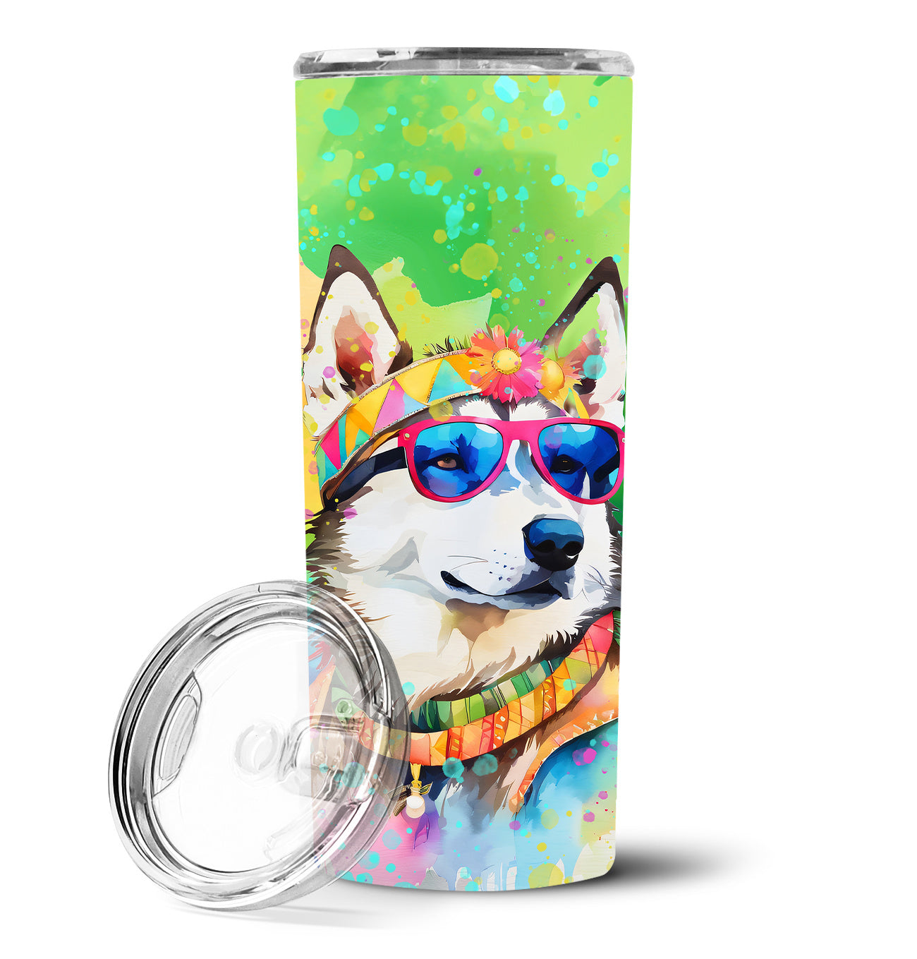 Siberian Husky Hippie Dawg Stainless Steel Skinny Tumbler Vacuum Double Walled Reusable Insulated Tumbler Travel Cup for Coffee Cocktails Gift with Lid, 20 oz - Renee Lane Company