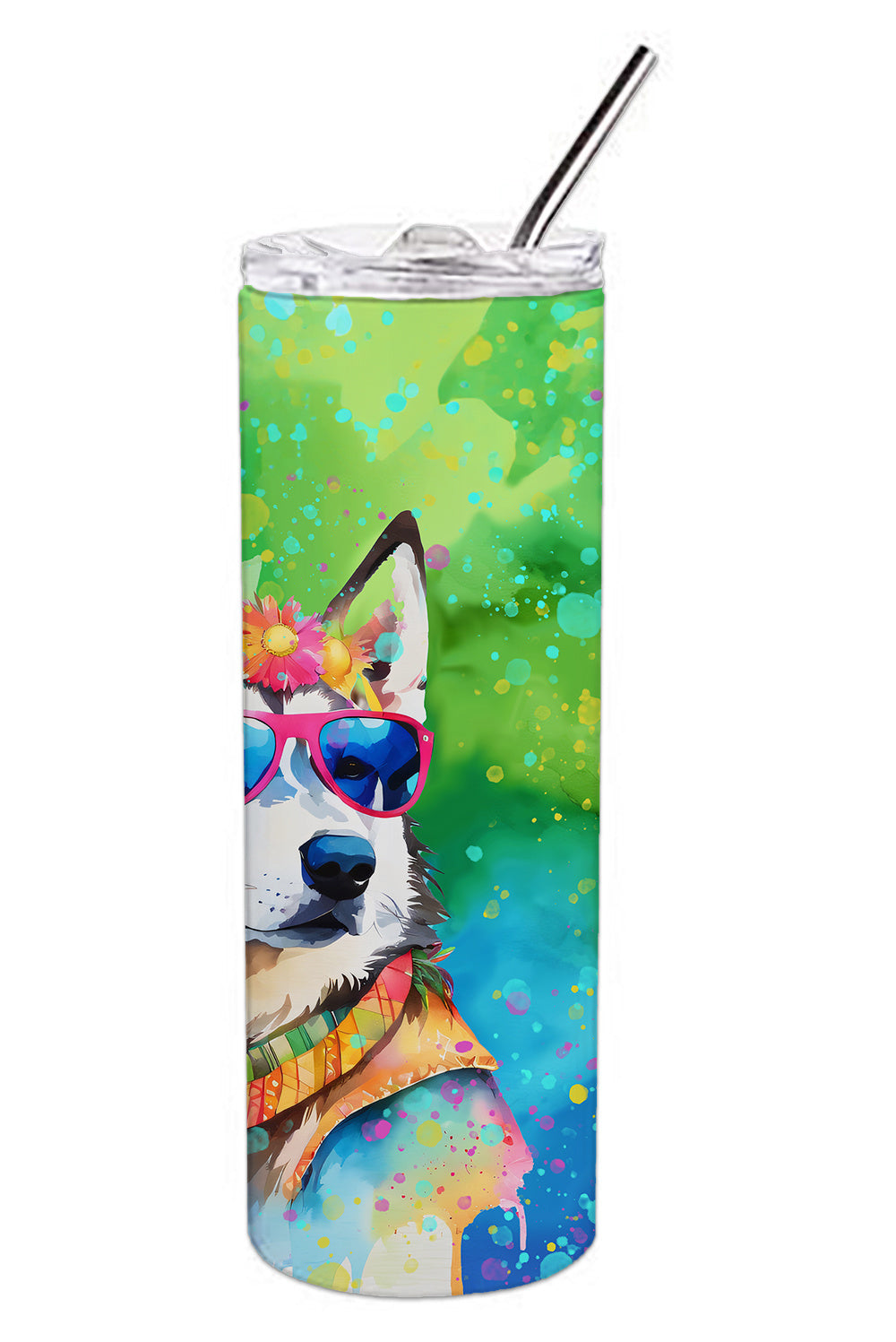 Siberian Husky Hippie Dawg Stainless Steel Skinny Tumbler Vacuum Double Walled Reusable Insulated Tumbler Travel Cup for Coffee Cocktails Gift with Lid, 20 oz - Renee Lane Company