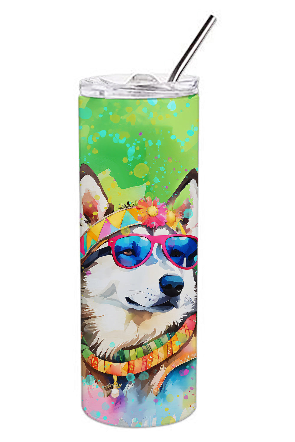 Siberian Husky Hippie Dawg Stainless Steel Skinny Tumbler Vacuum Double Walled Reusable Insulated Tumbler Travel Cup for Coffee Cocktails Gift with Lid, 20 oz - Renee Lane Company