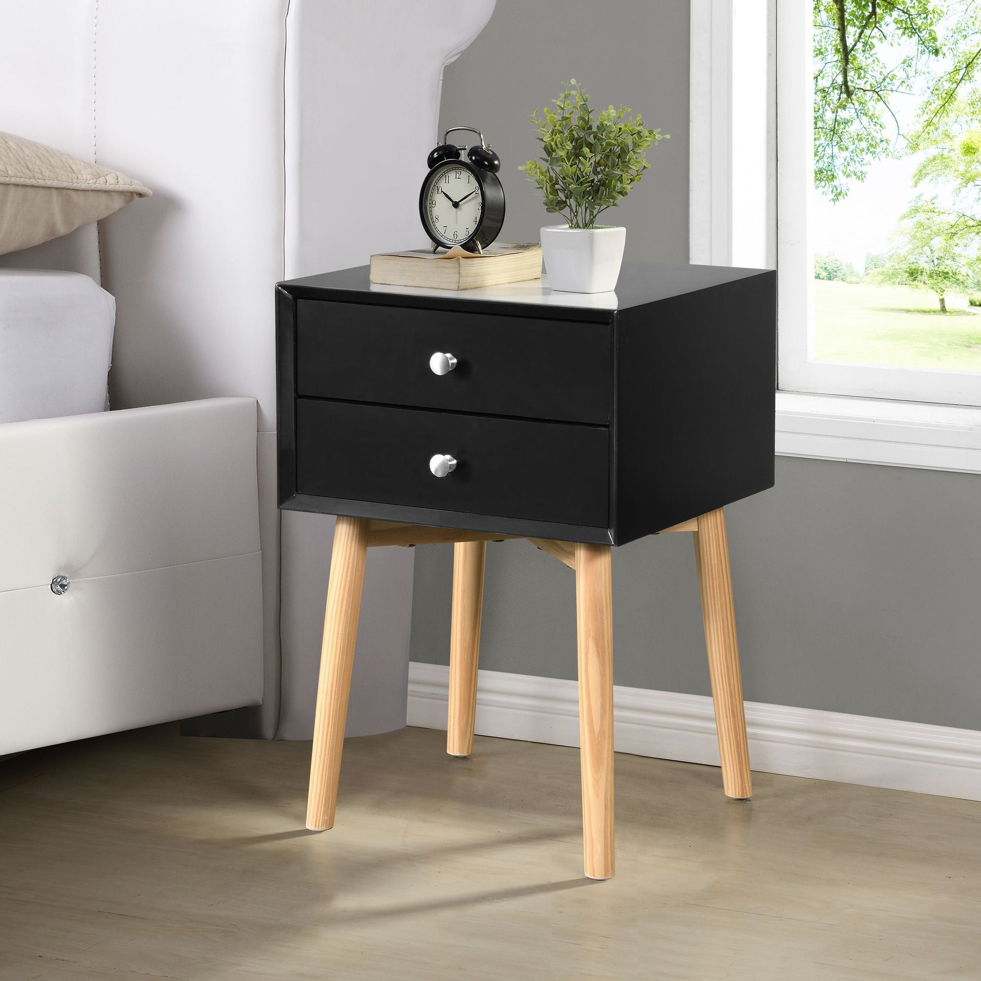 Side Table with 2 Drawer and Rubber Wood Legs;  Mid-Century Modern Storage Cabinet for Bedroom Living Room Furniture;  Black - Renee Lane Company
