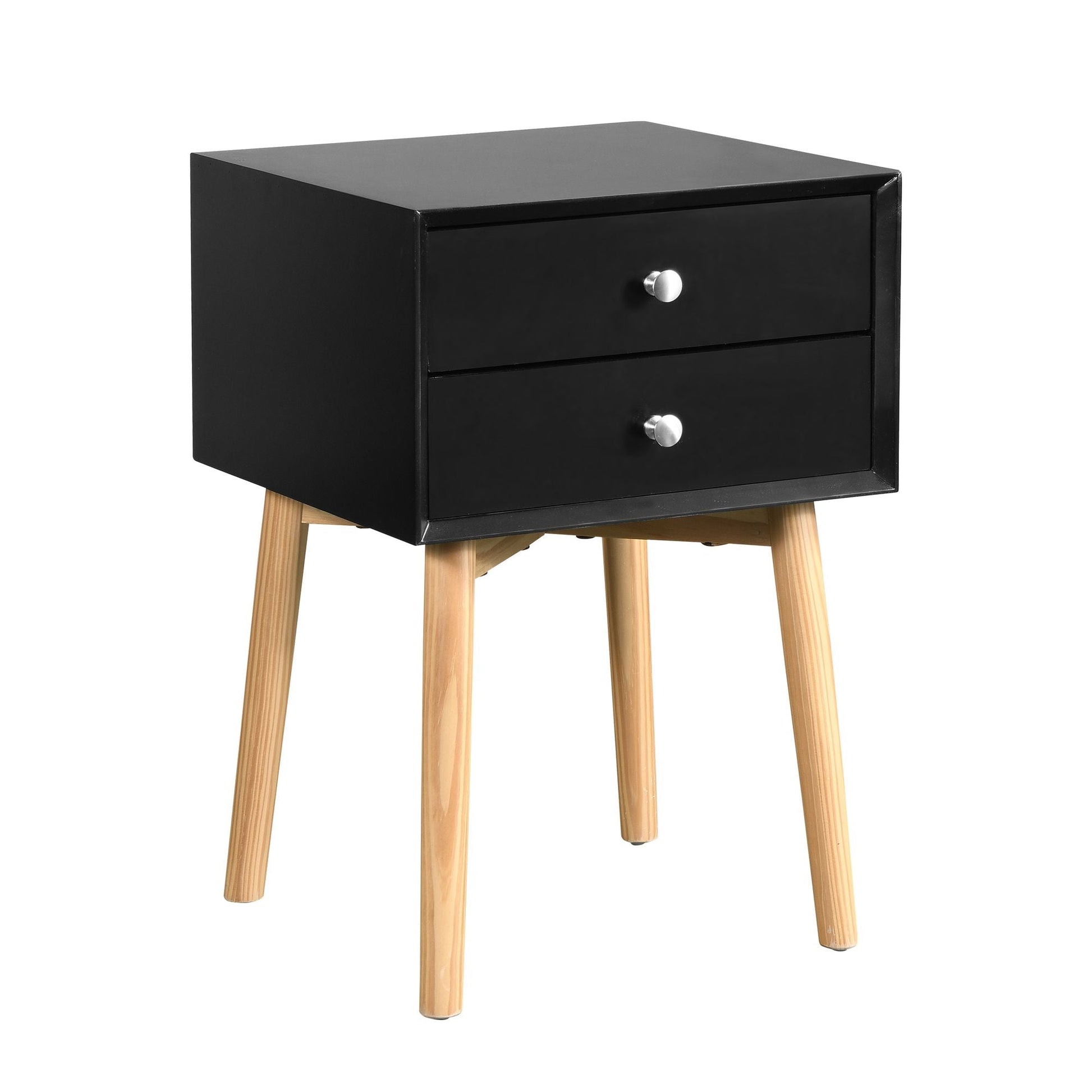 Side Table with 2 Drawer and Rubber Wood Legs;  Mid-Century Modern Storage Cabinet for Bedroom Living Room Furniture;  Black - Renee Lane Company