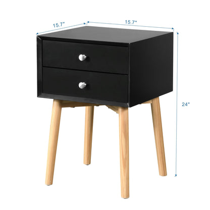 Side Table with 2 Drawer and Rubber Wood Legs;  Mid-Century Modern Storage Cabinet for Bedroom Living Room Furniture;  Black - Renee Lane Company