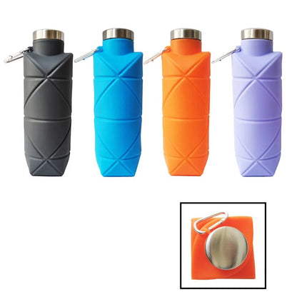 Silicone collapsible water bottle in multiple colors with stainless cap and carabiner loop