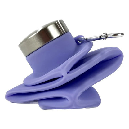 Purple silicone collapsible water bottle with stainless cap and hanging carabiner loop