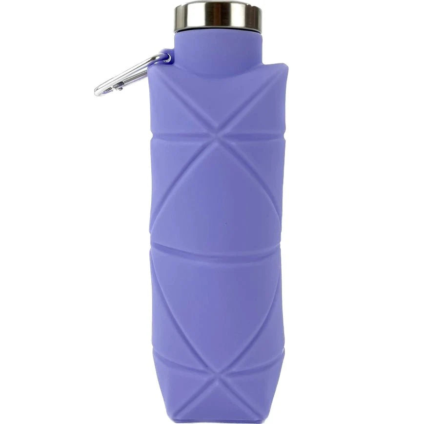 Purple silicone collapsible water bottle with stainless cap and metal carabiner clip