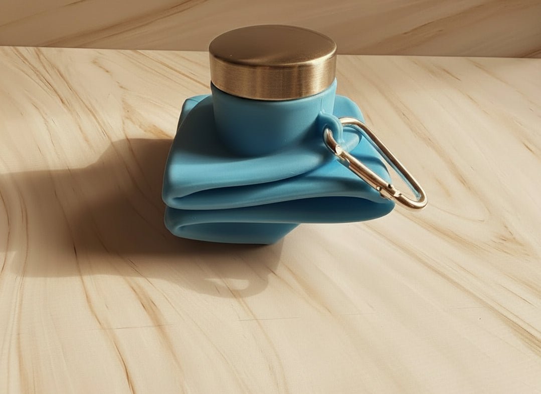 Blue silicone collapsible water bottle with stainless cap and metal carabiner handle loop
