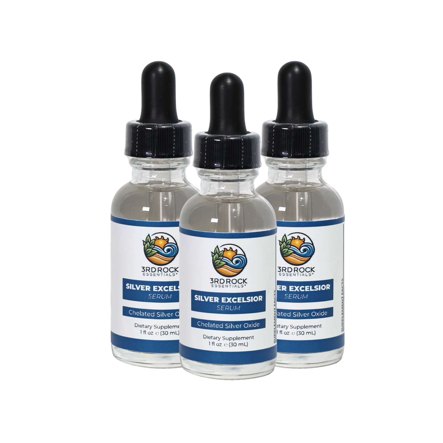 Three silver serum supplement bottles with black droppers, alcohol-free