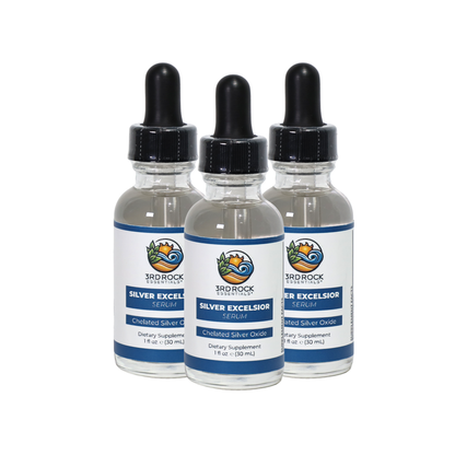 Three silver serum supplement bottles with black droppers, alcohol-free