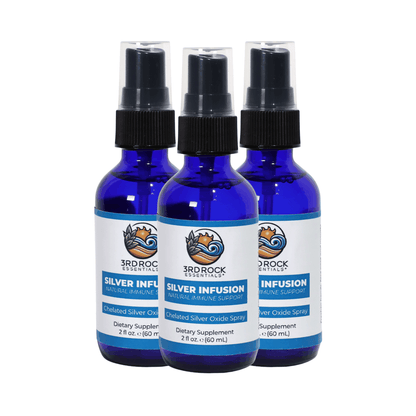 Set of three silver infusion spray bottles with black mist pumps and blue liquid.
