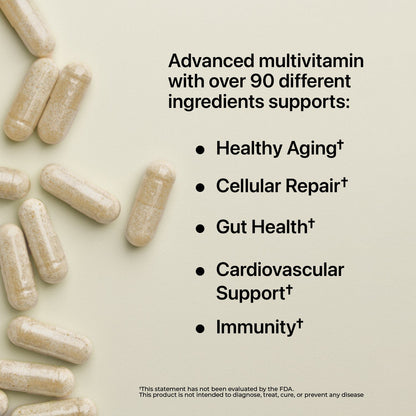 Advanced multivitamin capsule product card listing healthy aging and other benefits