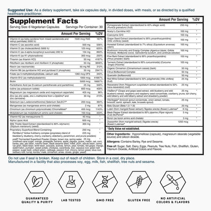 Supplement Facts panel for six daily vegetarian capsules multivitamin