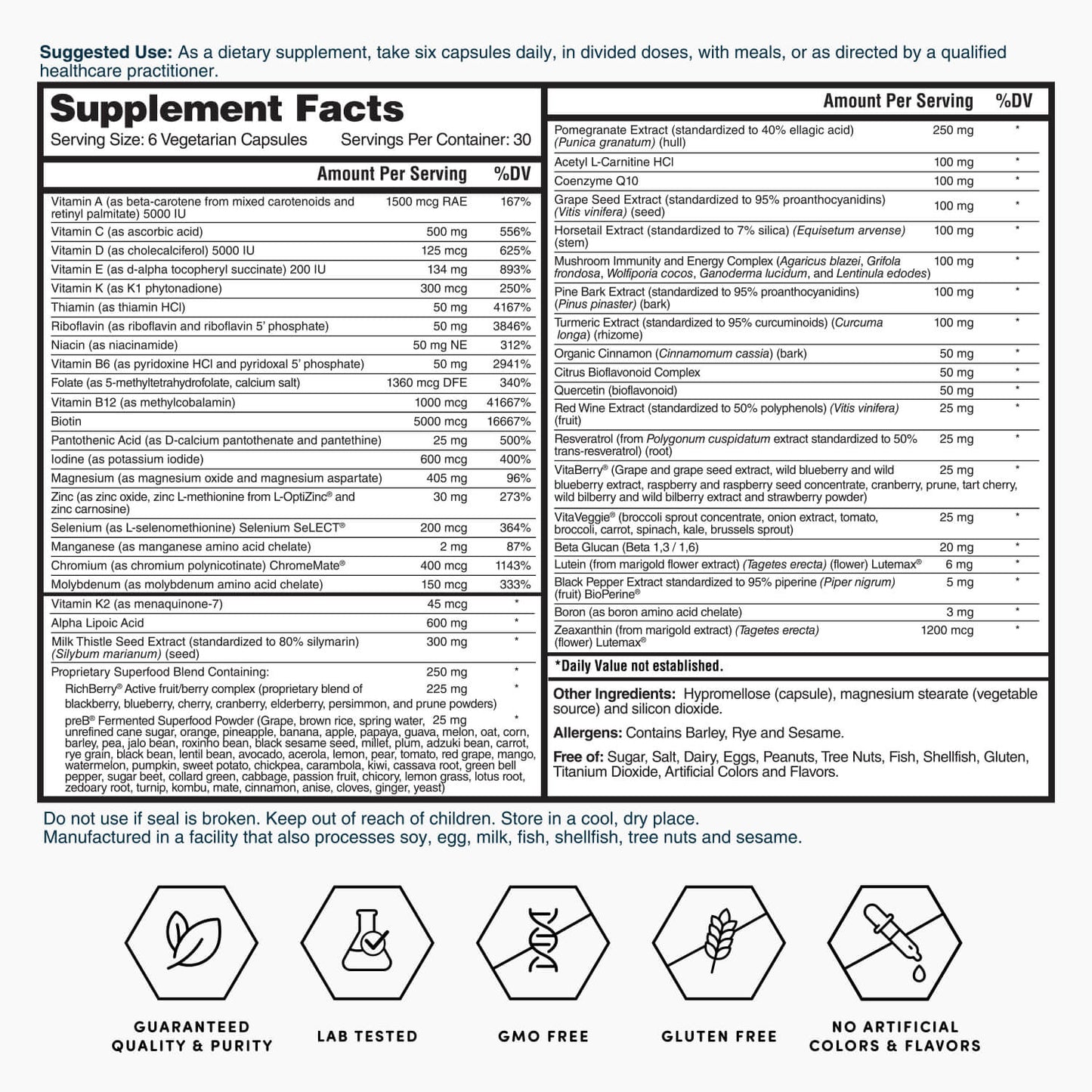 Vegetarian capsule supplement facts panel, serving size 6 capsules