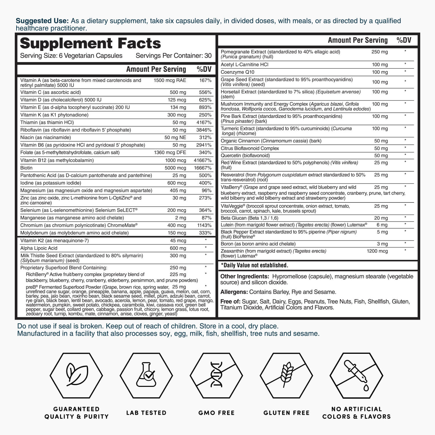 Vegetarian capsule supplement facts panel, serving size 6 capsules