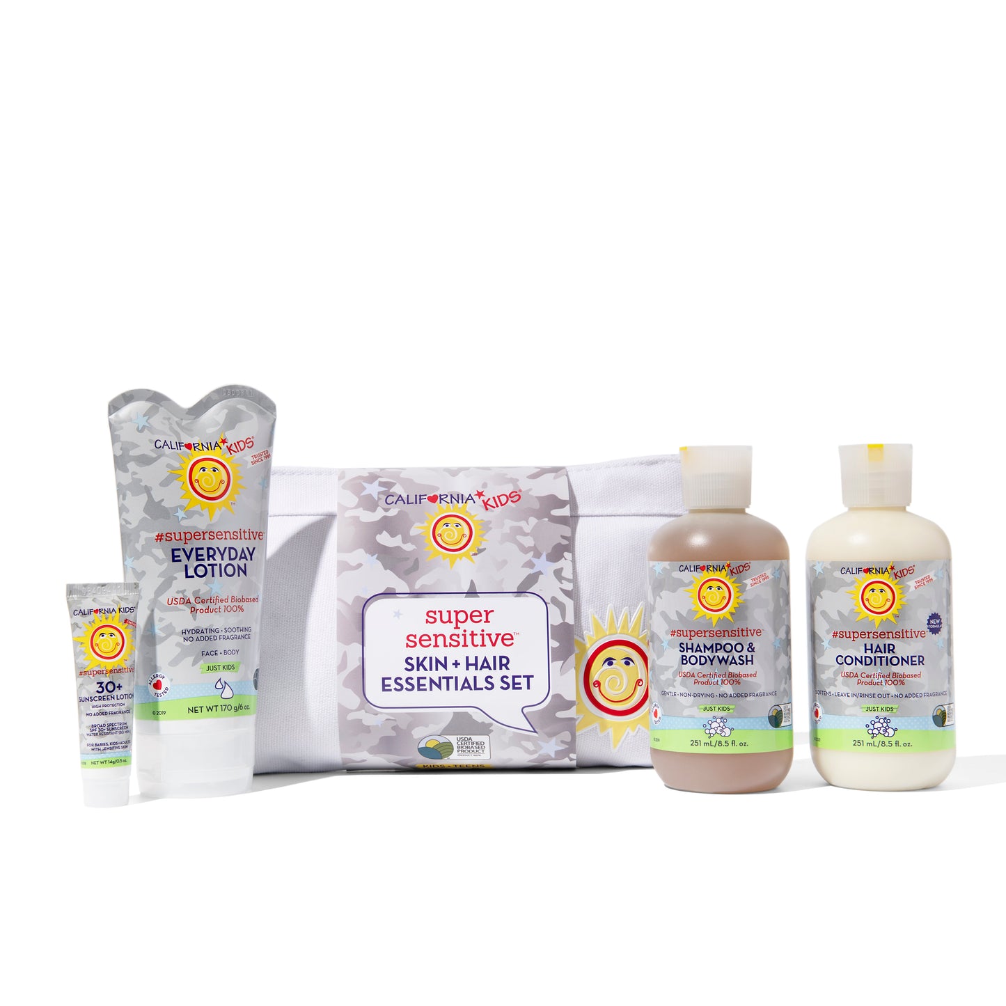 Kids supersensitive essentials set with lotion pouch, shampoo/body wash and conditioner bottles