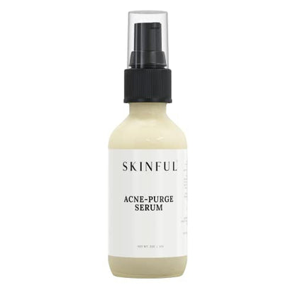 Skinful Acne-Purge serum bottle with black pump sprayer and pale yellow liquid