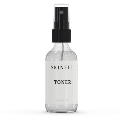 Facial toner mist spray bottle with black pump and clear glass, SKINFUL label
