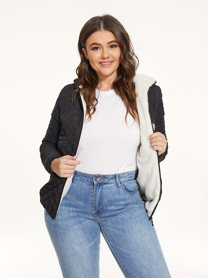 Slant Pockets Thermal Hooded Jacket, Casual Solid Long Sleeve Jacket For Fall & Winter, Women's Clothing - Renee Lane Company