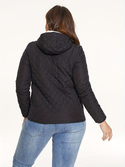 Slant Pockets Thermal Hooded Jacket, Casual Solid Long Sleeve Jacket For Fall & Winter, Women's Clothing - Renee Lane Company