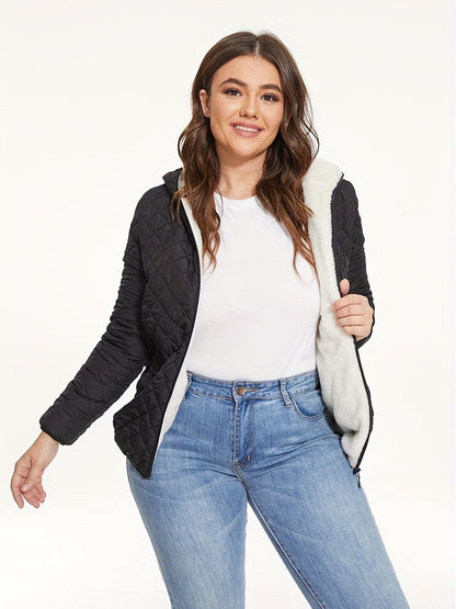 Slant Pockets Thermal Hooded Jacket, Casual Solid Long Sleeve Jacket For Fall & Winter, Women's Clothing - Renee Lane Company