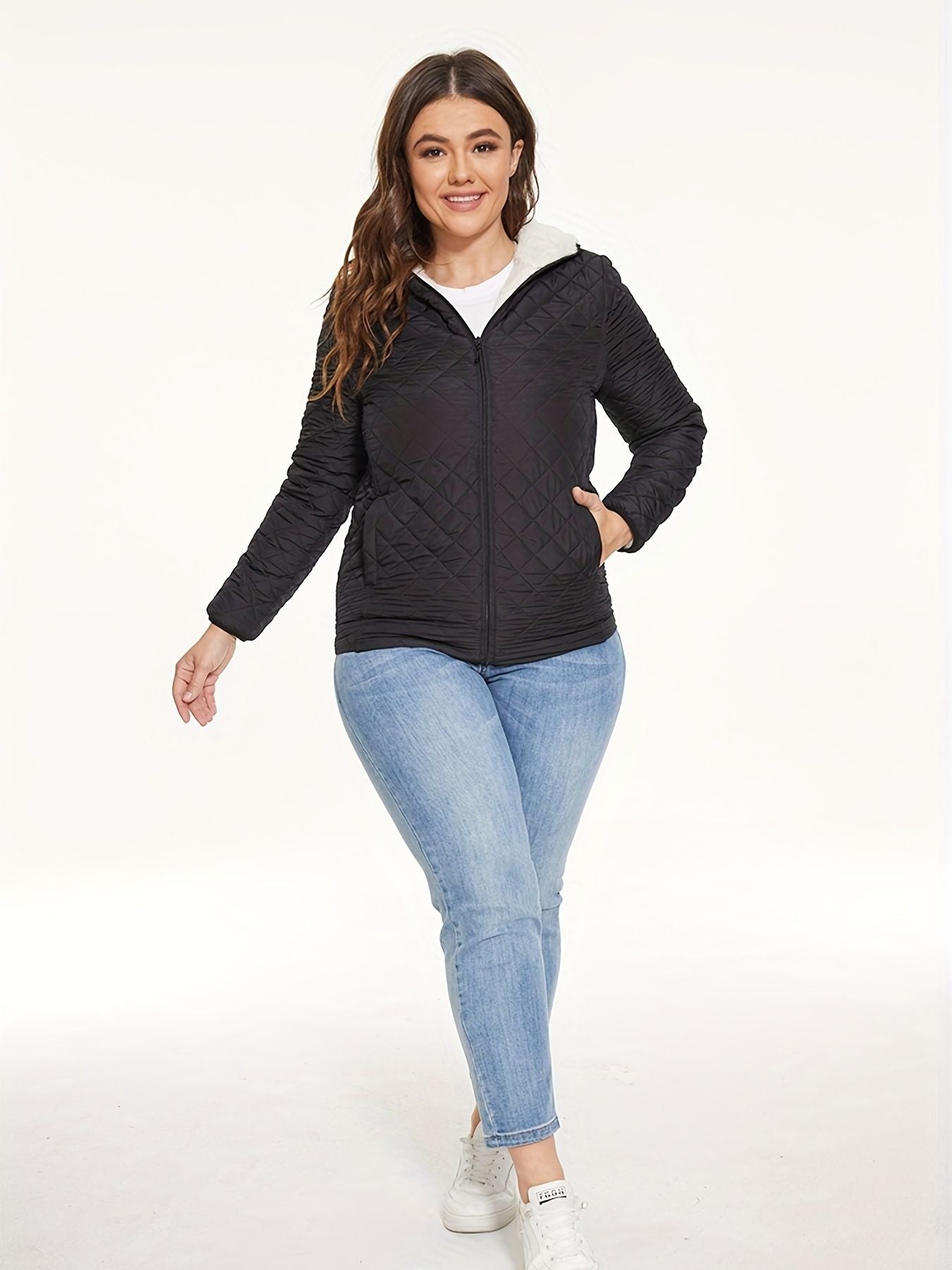 Slant Pockets Thermal Hooded Jacket, Casual Solid Long Sleeve Jacket For Fall & Winter, Women's Clothing - Renee Lane Company