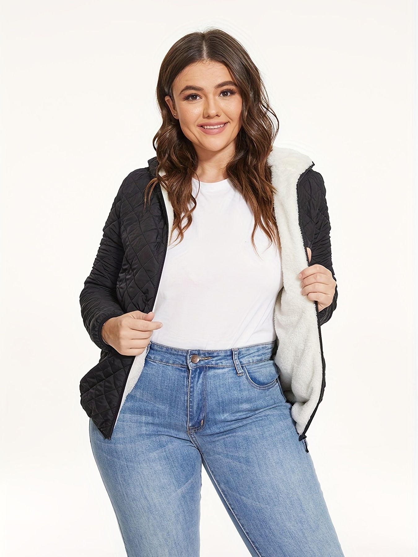 Slant Pockets Thermal Hooded Jacket, Casual Solid Long Sleeve Jacket For Fall & Winter, Women's Clothing - Renee Lane Company