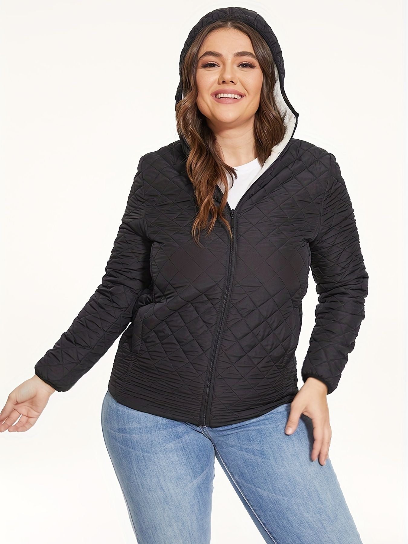 Slant Pockets Thermal Hooded Jacket, Casual Solid Long Sleeve Jacket For Fall & Winter, Women's Clothing - Renee Lane Company
