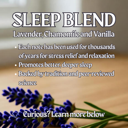 Sleep Blend lavender, chamomile and vanilla benefits text on promotional graphic