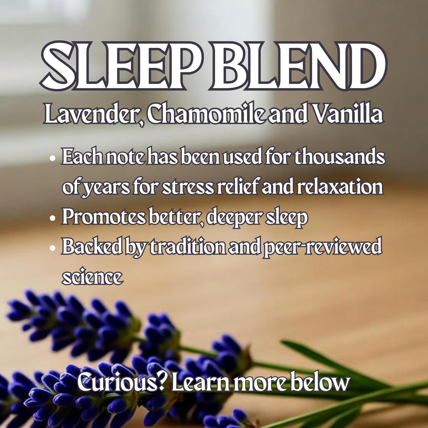 Sleep Blend lavender chamomile and vanilla promo card with purple flowers