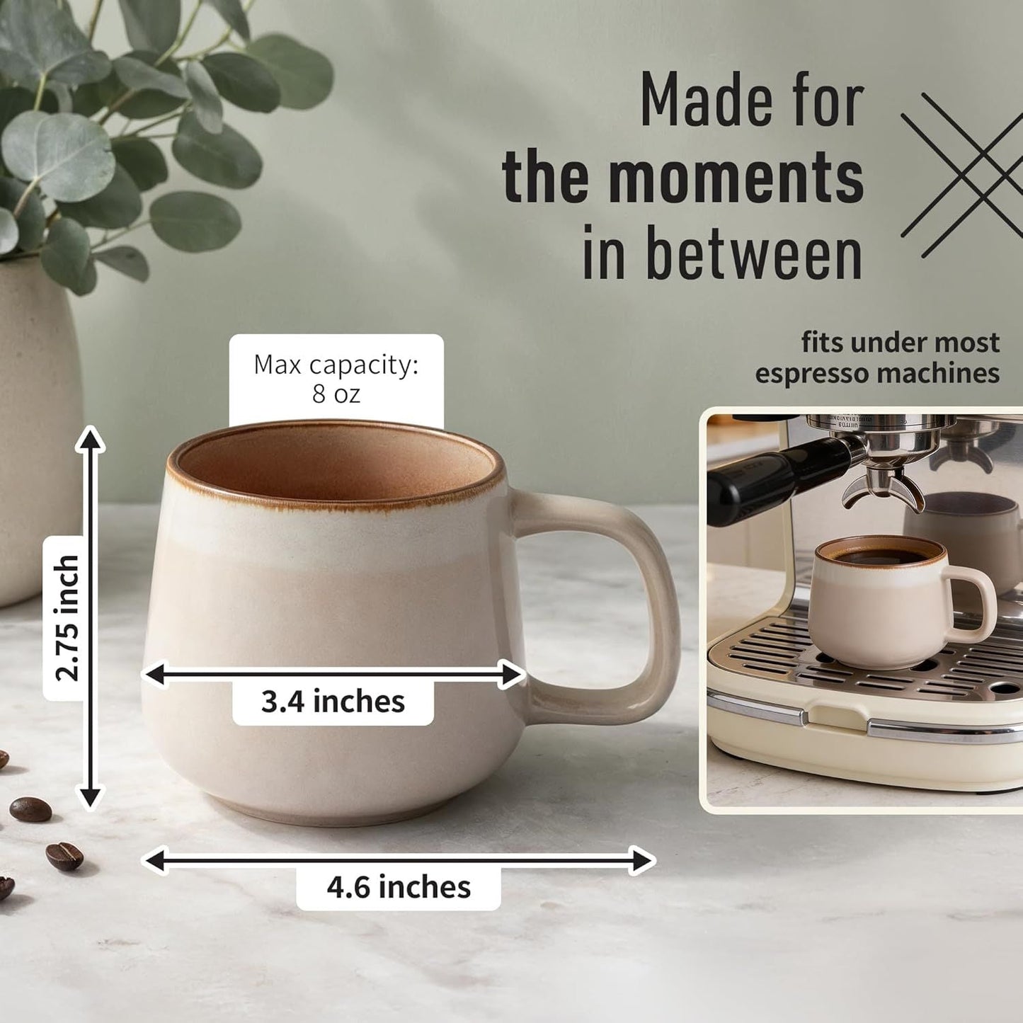 Small Ceramic Coffee Mugs Set of 4 | 8 oz Stoneware Coffee Cups | Lead-Free, Non-Toxic | Microwave & Dishwasher Safe | Comfortable Handle | Aesthetic Nordic Design for Cappuccino | Rose Sand - Renee Lane Company
