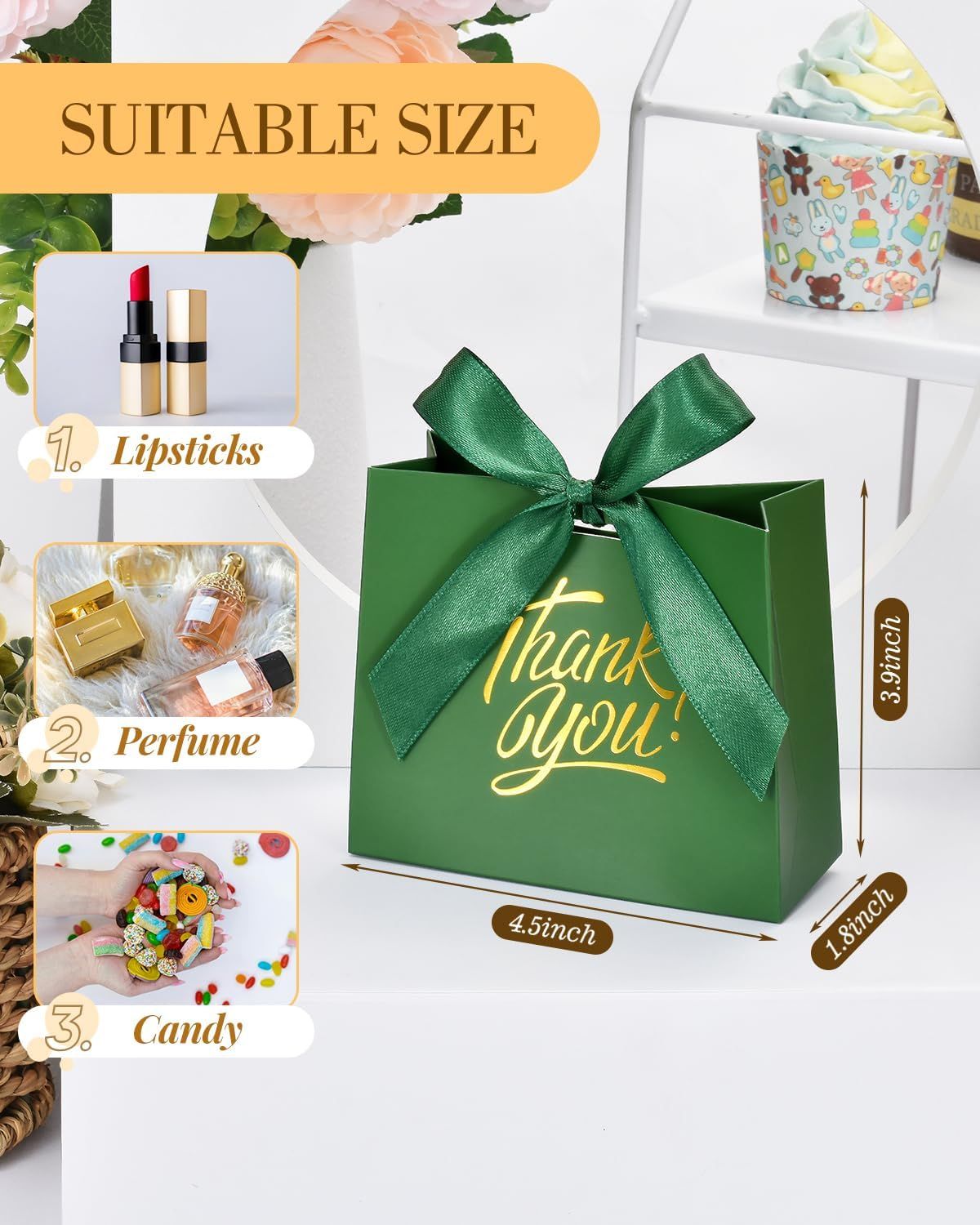 Small Gift Bags, 25 Pack 4.5x1.8x3.9 Inches Thank You Bags Green Kraft Paper Gift Bags with Bow Ribbon, Candy Bags for Birthday Wedding Baby Shower - Renee Lane Company