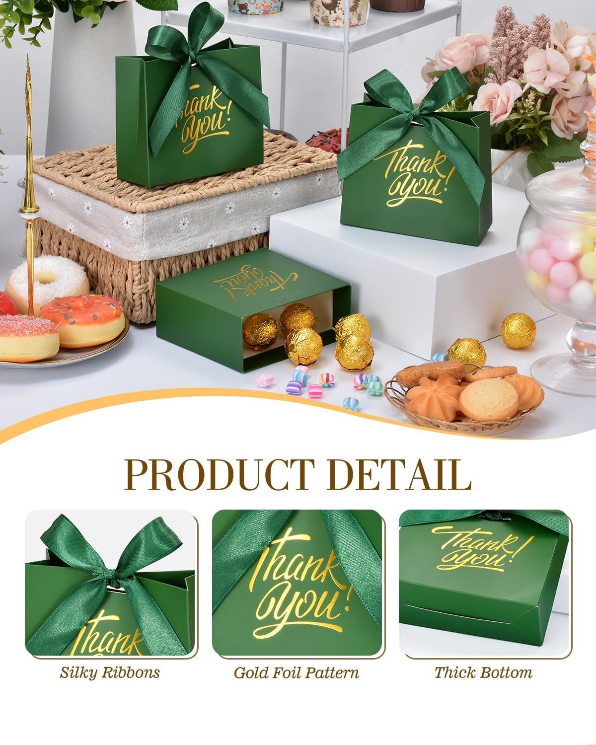 Small Gift Bags, 25 Pack 4.5x1.8x3.9 Inches Thank You Bags Green Kraft Paper Gift Bags with Bow Ribbon, Candy Bags for Birthday Wedding Baby Shower - Renee Lane Company