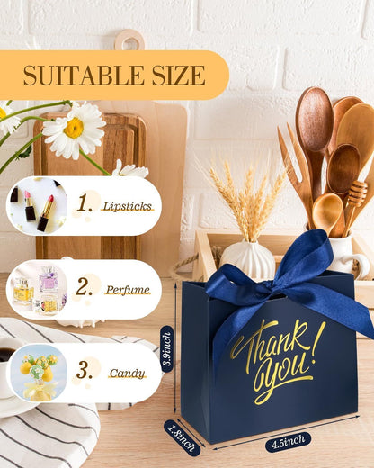 Small Gift Bags, 25 Pack 4.5x1.8x3.9 Inches Thank You Bags Navy Blue Kraft Paper Gift Bag with Bow Ribbon, Small Candy Bags for Birthday Wedding Baby Shower - Renee Lane Company