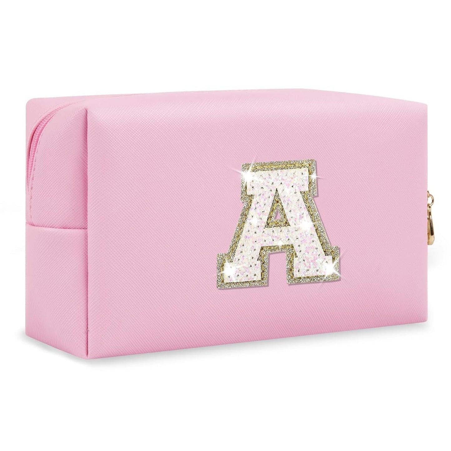 Small Personalized Initial A-Z Patch Makeup Bag,Pink Cute PU Leather Glitter Letter Cosmetic Bag for Teen Girls,Travel Toiletry Bag with Zipper,Preppy Monogrammed Birthday Gift for Daughter Niece A - Renee Lane Company