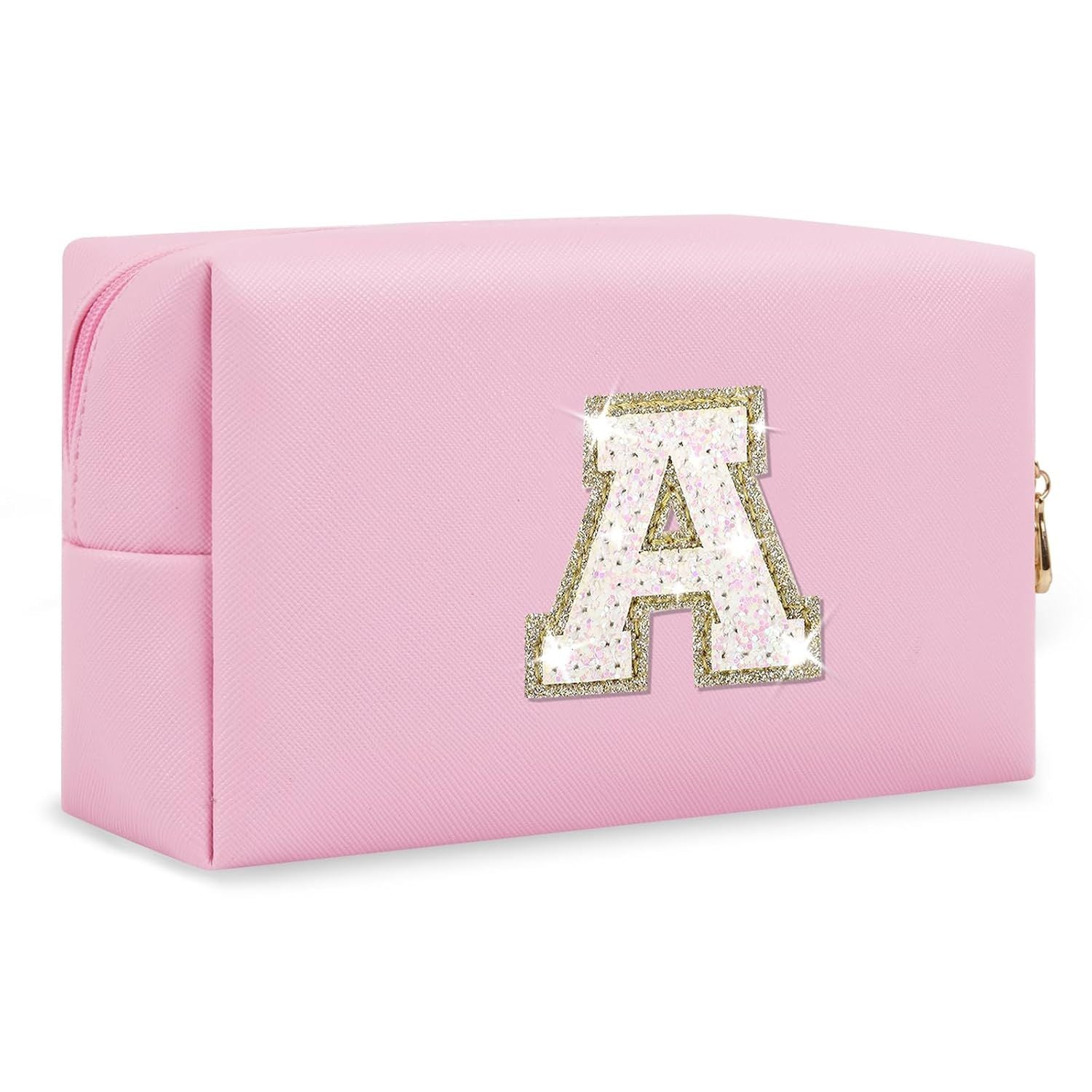 Small Personalized Initial A-Z Patch Makeup Bag,Pink Cute PU Leather Glitter Letter Cosmetic Bag for Teen Girls,Travel Toiletry Bag with Zipper,Preppy Monogrammed Birthday Gift for Daughter Niece A - Renee Lane Company