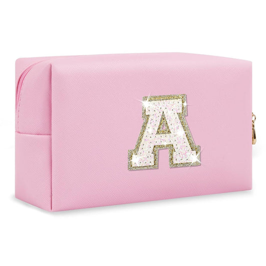 Small Personalized Initial A-Z Patch Makeup Bag,Pink Cute PU Leather Glitter Letter Cosmetic Bag for Teen Girls,Travel Toiletry Bag with Zipper,Preppy Monogrammed Birthday Gift for Daughter Niece A - Renee Lane Company