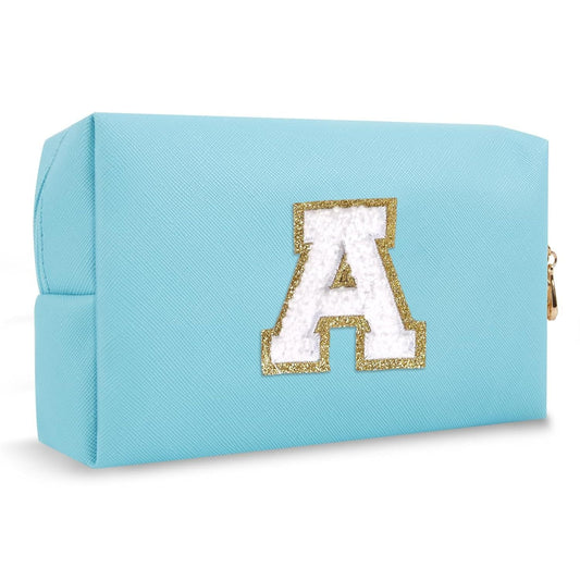 Small Personalized Initial A-Z Preppy Patch Makeup Bag,PU Chenille Letter Travel Cosmetic Pouch with Zipper,Blue Cute Toiletry Bag,Gift Ideal for Teen Girls Women Teacher Bridesmaid,Letter A - Renee Lane Company