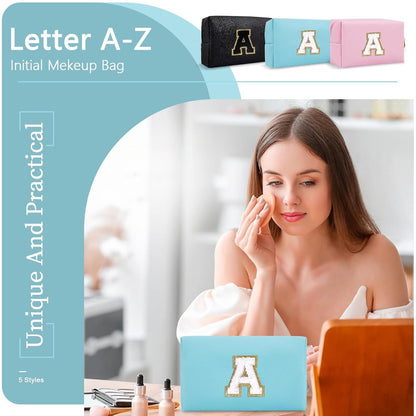 Small Personalized Initial A-Z Preppy Patch Makeup Bag,PU Chenille Letter Travel Cosmetic Pouch with Zipper,Blue Cute Toiletry Bag,Gift Ideal for Teen Girls Women Teacher Bridesmaid,Letter A - Renee Lane Company