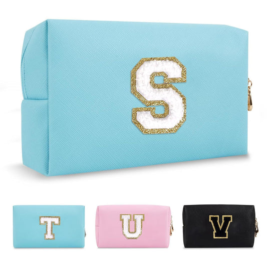 Small Personalized Initial A-Z Preppy Patch Makeup Bag,PU Chenille Letter Travel Cosmetic Pouch with Zipper,Blue Cute Toiletry Bag,Gift Ideal for Teen Girls Women Teacher Bridesmaid,Letter S - Renee Lane Company