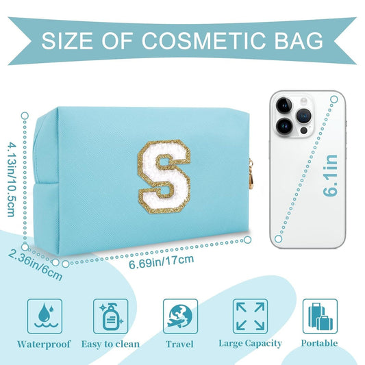 Small Personalized Initial A-Z Preppy Patch Makeup Bag,PU Chenille Letter Travel Cosmetic Pouch with Zipper,Blue Cute Toiletry Bag,Gift Ideal for Teen Girls Women Teacher Bridesmaid,Letter S - Renee Lane Company
