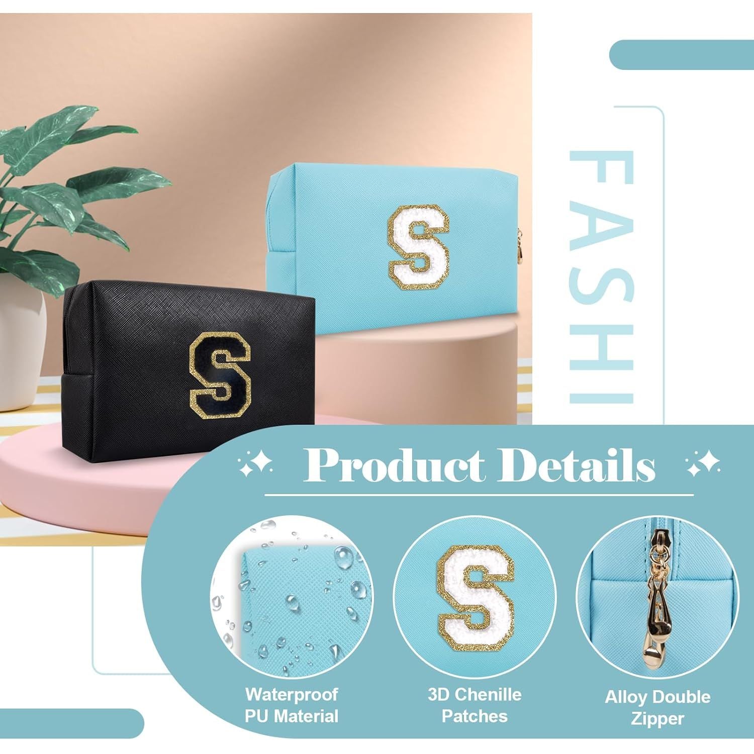 Small Personalized Initial A-Z Preppy Patch Makeup Bag,PU Chenille Letter Travel Cosmetic Pouch with Zipper,Blue Cute Toiletry Bag,Gift Ideal for Teen Girls Women Teacher Bridesmaid,Letter S - Renee Lane Company