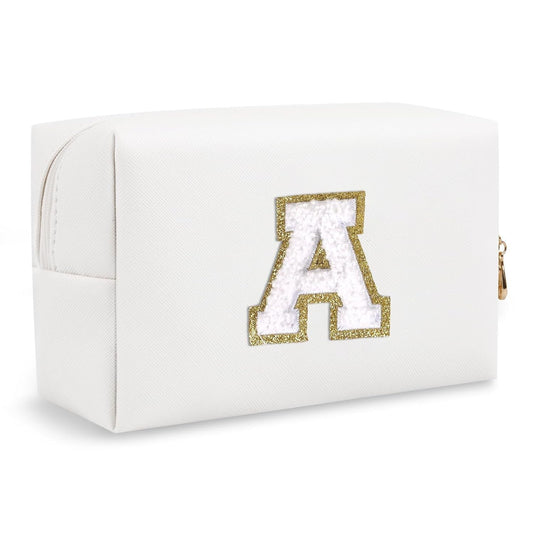 Small Personalized Initial A-Z Preppy Patch Makeup Bag,White PU Chenille Letter Travel Cosmetic Pouch with Zipper,Cute Toiletry Bag,Gift Ideal for Teen Girls Women Teacher Bridesmaid,Letter A - Renee Lane Company