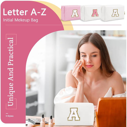 Small Personalized Initial A-Z Preppy Patch Makeup Bag,White PU Chenille Letter Travel Cosmetic Pouch with Zipper,Cute Toiletry Bag,Gift Ideal for Teen Girls Women Teacher Bridesmaid,Letter A - Renee Lane Company