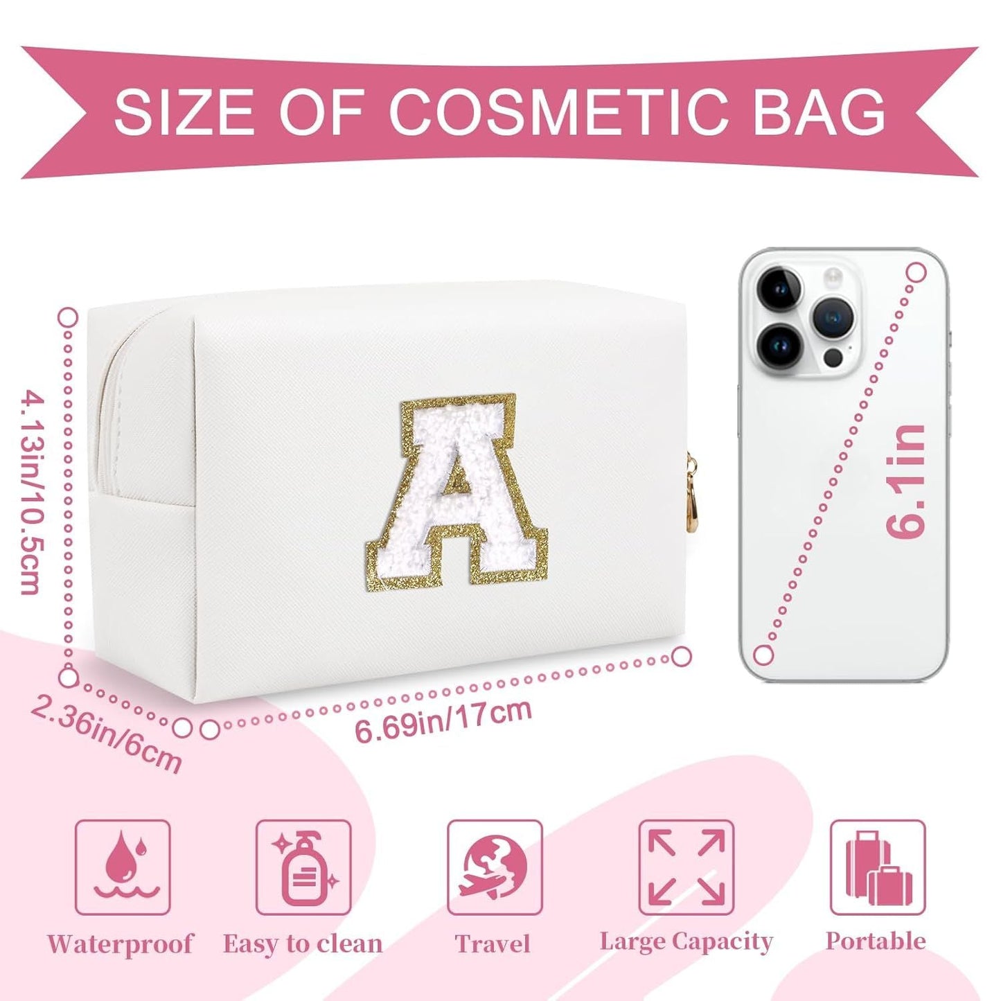 Small Personalized Initial A-Z Preppy Patch Makeup Bag,White PU Chenille Letter Travel Cosmetic Pouch with Zipper,Cute Toiletry Bag,Gift Ideal for Teen Girls Women Teacher Bridesmaid,Letter A - Renee Lane Company